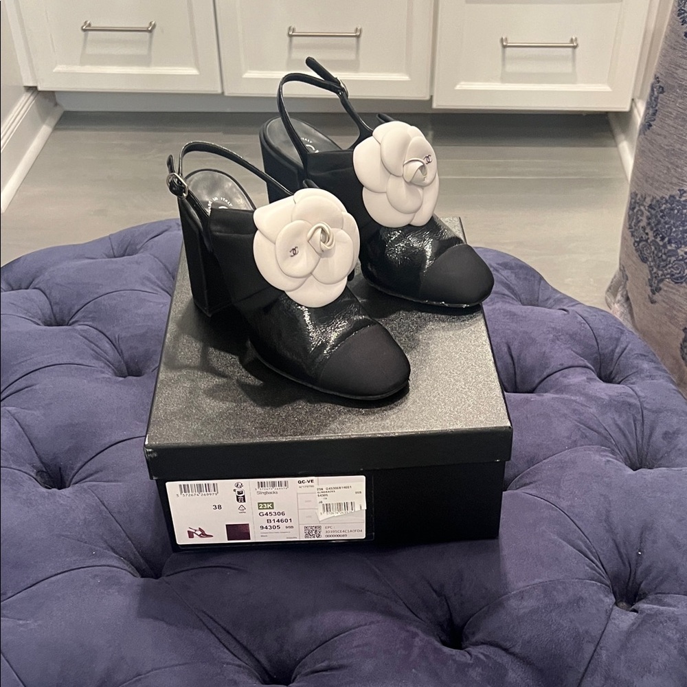 CHANEL Black and White Camellia Heels